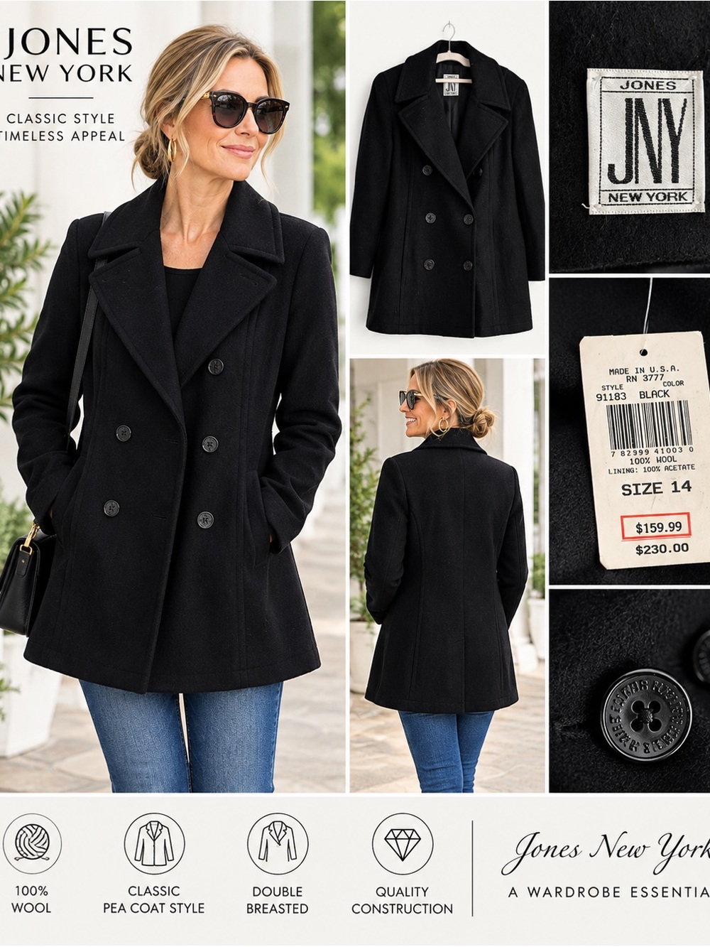 Jones New York Black Wool Double-Breasted Peacoat - Women's Tailored Coat 14